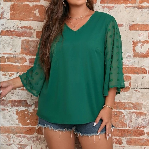 Plus size black Swiss dot sleeve V neck blouse - Picture 10 of 16